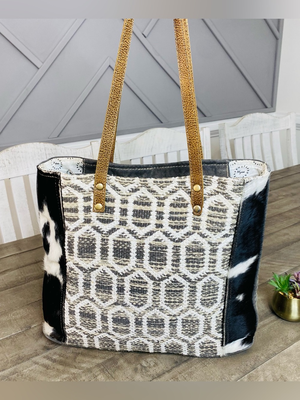 Myra Bag Hive Special Tote Upcycled Canvas & Hairon Cowhide Western Purse